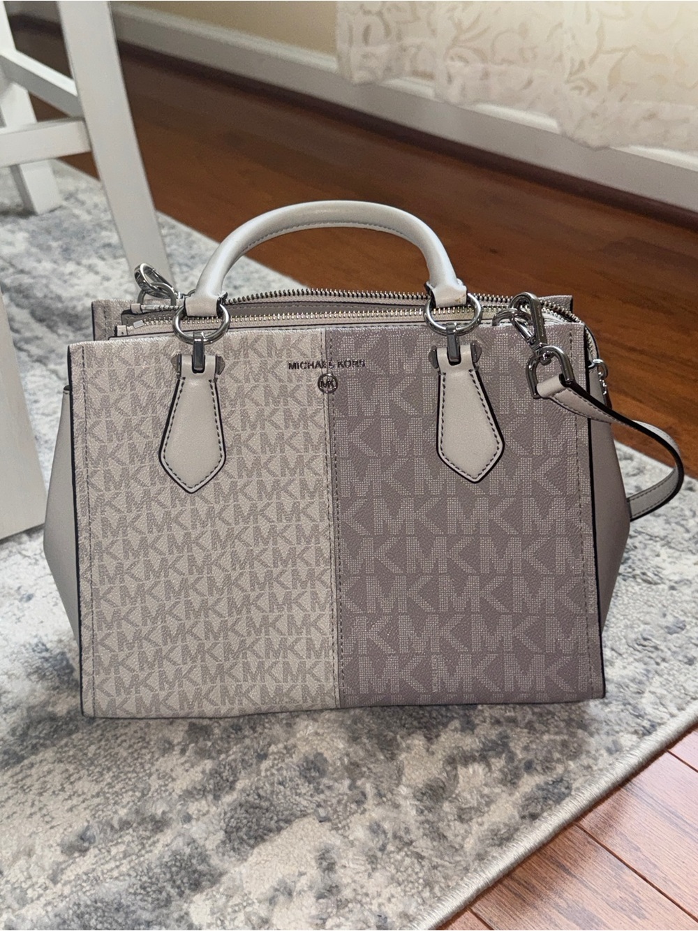 Michael Kors Two-Tone MK Signature Satchel in Taupe and Gray